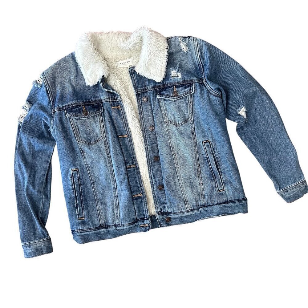 Pacsun Sherpa Denim  Trucker Jacket Fleece Lined Size Large Distressed